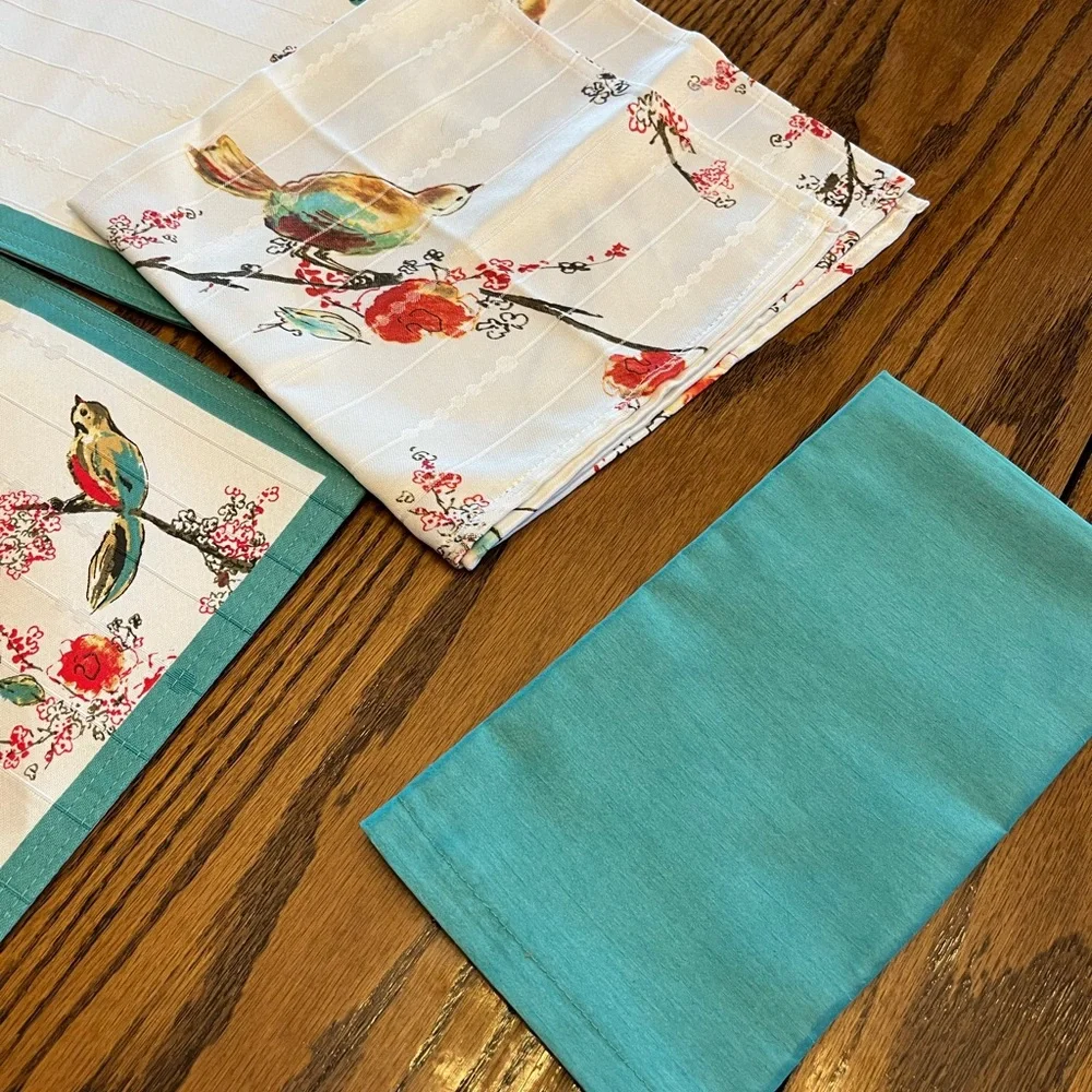 Lenox White Placemats and Napkins with Teal Trim and Multicolor Bird Motif